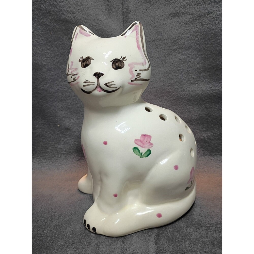 Pottery Levine Ceramic Kitty Cat Potpourri Pets Flower Holder White Pink Vintage